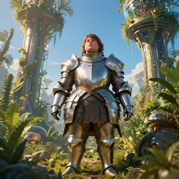 a short and chubby broad round-bodied female knight in a hi-tech botanical world with blue skies | style of donato giancola, vincent callebaut, dramatic light | high detail | cinematic lighting | pristine metals, glass, plants | solarpunk | golden hour | volumetric lighting | concept art |
