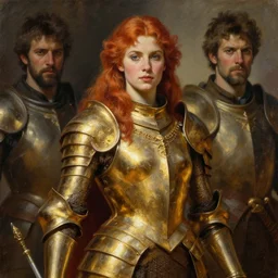 a beautiful valkyrie , half body portrait, ginger hair, heavy gold armour, realistic oil painting by Thomas Cole and Wayne Barlowe and Boris Valejo