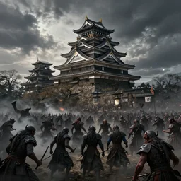 panoramic view of japanese feudal castle being besieged by an horde of demons. dark fantasy. digital art.