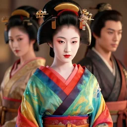 close up portrait shot of a beautiful geisha wearing flowing colourful clothes, edgar maxence, rhads, ross tran, artstation, artgerm, octane render, 1 6 k