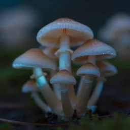 a macro shot of bioluminescent mushrooms, dof, 4k, bokeh