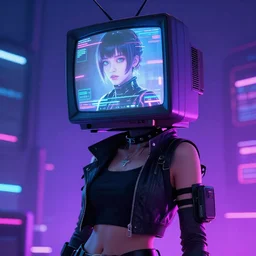 a cyberpunk woman, wearing a TV over her head, digital art, trending on artstation