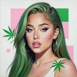 ariana grande portrait painting, matte paint by saching teng : 5 marijuana, dope, smoke, hard edges, white and pink, leaf green, geometric shapes, fisheye lens, sexy, by sachin teng : 6