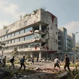 post apocalyptic hospital building, people fighting, morning, building, avenue, modern contemporary urban americana concrete architecture, by pascal blanche, neil blevins, apocalyptic color palette, trending on artstation, photorealistic, wilderness ambiance, ultra detailed, high definition, depth of field, bokeh, rubble, wild vegetation, blood stains, building crumbling