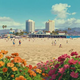 a film still of a sunny and colourful beach scene in santa monica, los angelos, wide shot, waist up, wes anderson, studio ghibli, pixar and disney animation, sharp, rendered in unreal engine 5, anime key art by greg rutkowski, bloom, dramatic lighting