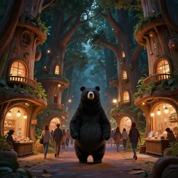 anthropomphic black bear walks down crowded street between futuristic giant wooden tree trunk buildings, organic wooded shops, solarpunk, organic bioluminescent street lights, dark forest canopy understory, cinematic lighting, night time, octane render, 3 d pixar disney digital cgi rtx hdr painting, highly detailed, artstation cgsociety masterpiece, by syd mead, greg rutkowski, wlop