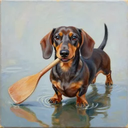 cute dachshund holding a paddle with his mouth, detailed painting, weiner dog, oil on canvas, adorable, reflective water, wide angle shot, very detailed