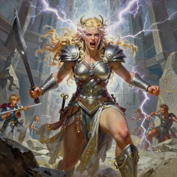 A mixed media painting of the beautiful blonde goddess of war infused with lightning, very aesthetic, detailed face, by Frank Frazetta, Greg Rutkowski, Boris Vallejo, Beeple, Yoko Taro, Christian MacNevin, epic fantasy character art, goddess of anger, viking runes, high fantasy, CGsociety, full length, exquisite detail, post-processing, low angle, masterpiece, cinematic, odin's stone arena background