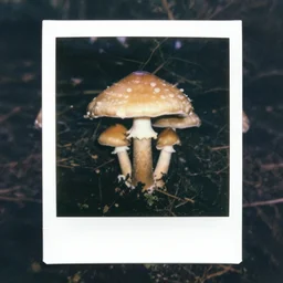 polaroid of a forest of iridescent mushrooms