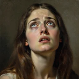 scared woman staring up, high detail painting by michelangelo