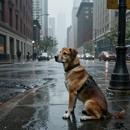 watch dogs game, chicago city rainy  detailed, a dog is sitting on the street, soft lighting