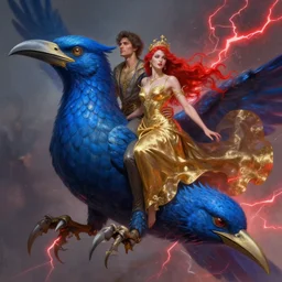 man and woman mythology rides giant bleu bird sharp beak and claw, style dan mumford, gold gown, red lightning, beauty, magic, hyper detailed digital painting, 8 k, concept art, trending on artstation