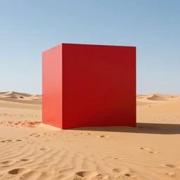 Big red cube in the middle of the desert, professional photograph,
