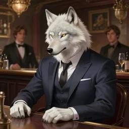 photography of a male anthropomorphic albino wolf fursona wearing a nice suit at a bar, deep focus, intricate, elegant, highly detailed, digital painting, artstation, concept art, matte, sharp focus, illustration, art by artgerm and greg rutkowski and alphonse mucha
