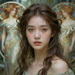 beautiful young goddess by zdzisław beksinski, iris van herpen, jean delville, jeffrey smith, ruan jia, and alphonse mucha, detailed whimsical ethereal beautiful face portrait, shallow depth of field octane render, beautifully lit, ai biodiversity, otherworldly