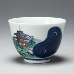 astonishing japanese tea cup with amazing artwork of temples and yin and yang on the side, product shoot, studio lighting