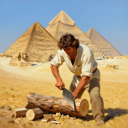 painting of a man cutting wood in front of egypt pyramids, painted by drew struzan