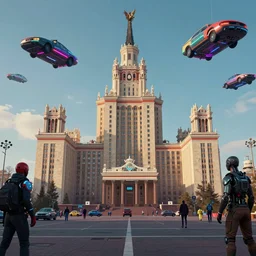 cyberpunk soviet union moscow with flying cars and high tech and cyborg people, photorealistic, 4 k