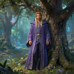 ryan reynolds wearing wizardess robes leans against a magical tree romance novel fantasy artwork epic detailed and intricate digital painting trending on artstation by wlop octane render
