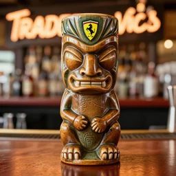 a closeup photorealistic photograph of a enzo ferarri style tiki mug sitting at a trader vic's bar. tiki theme. bright scene. fine detail. this 4 k hd image is trending on artstation, featured on behance, well - rendered, extra crisp, features intricate detail, epic composition and the style of unreal engine.