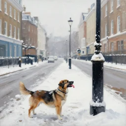 painting of a snowy london street scene, and a dog with its tongue stuck to a lamp post