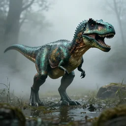 bronze velociraptor, in swamp, surrounded by fog, midjourney, in style frazetta, turok dinosar hunter, 1 0 0 mm lens, depth of field, lightning