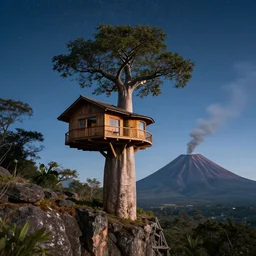 a modern treehouse made on the side of a cliff in madagascar, baobab tree, an enormous smoky volcano in the background, artstation, an epic fantasy, starry night, cinematic lighting, hyper realistic, photographic, sharp focus, by greg rutkowski and wolp