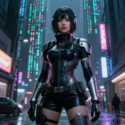 An hyperrealistic epic comic painting of a cyber warrrior girl wearing futuristic fashion behind a wall of matrix, sci-fi, black and silver color combination,  heavy rainning at future sci-fi tokyo street night, neon ligh, DAZ, 8k, unreal 5 engine render, cosplay, RPG portrait, dramatic lighting,  low keys light, rim lights, PS5 render