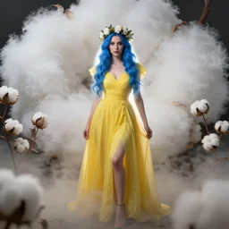 goddess of cotton, full body model pose, blue hair, yellow dress, crown of flowers, beautiful symmetrical face!!!, cinematic lightning, rim light, huge white! cotton!!!! flowers background, murky dusty deep smoky eyes, ross tran, greg rutkowski
