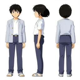 concept art, front, side, and back view, reference sheet by masaaki yuasa, white background