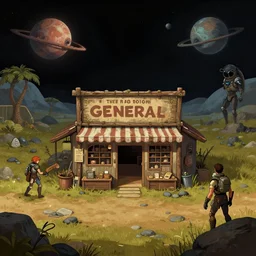 in front of a general store in a remote outpost, on an alien planet, from a space themed point and click 2 d graphic adventure game, set design inspired slightly by hg giger and tomb raider, art inspired by thomas kinkade and [ [ greg rutkowski ] ]