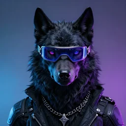 portrait of demonic black cyberpunk wolf animal with cyberpunk gogles, jewelry, editorial photography, neons, blade runner, futuristic style, realistic bokeh and depth of field, award winning, establishing shot