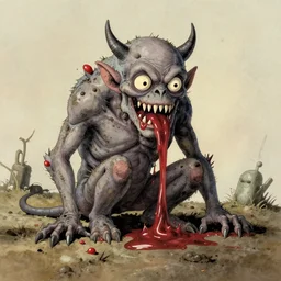 un monstre horrible et fou degueulasse avec une peau sale et seche petits yeux rouges dents tres longues cyberpunk demon sang sur les levres by bob bottin and lucien freud and ghibli studio and caravaggio and miyazaki and rubens and herge