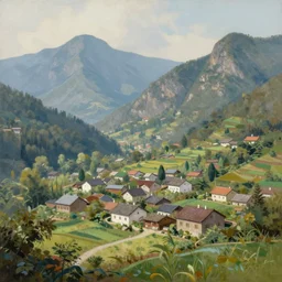very very very beautiful painting of a village between mountains