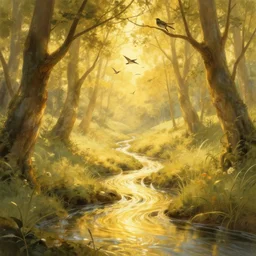 Fantasy illustration by Clyde Caldwell - A stream, bright as a ribbon of gold, babbles, as a breeze rustles the branches of the surrounding trees and brings with it the sweet sound of birdsong. The glade is bathed in an otherworldly golden light, and you feel as if you might step out of this place and into the realm of the gods.