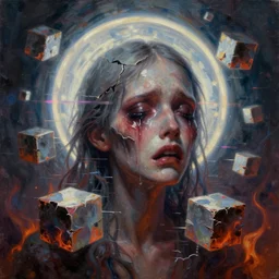 glitchy cubes, magic halo, broken soul, deep sickness oil paint, surrealist highly detailed at, ethereal, trending on art station, emotional surrealism oil painting, tears, crying, glitching squares, very very very very very beautiful and painful, aged damaged on edges, hell fire pain
