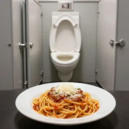 food photography of spaghetti with a urinal cake in a gross public toilet, bon apatite, creepy photo
