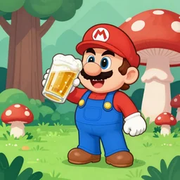 beer, drunk mario drinks beer in forest with mushrooms and big fly agaric, 8 bit, cartoon