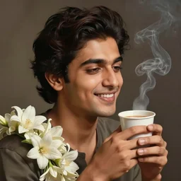 isometric view, guy having chai and smoking, happy, flowers, absurdly beautiful, elegant, realistic ultrafine hyperrealistic detailed face illustration by amrita sher - gil and studio ghibli, intricate linework, sharp focus, bright colors, matte, unreal engine highly rendered, global illumination, radiant light, intricate environment