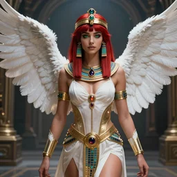 attractive red haired egyptian queen wearing white dove wings, warframe armor, regal, attractive, ornate, sultry, sexy, beautiful, dreamy, elize theron, pretty face, green eyes, detailed, scifi platform, 4 k, ultra realistic, epic lighting, illuminated, cinematic, masterpiece, art by akihito tsukushi, voidstar, artgerm
