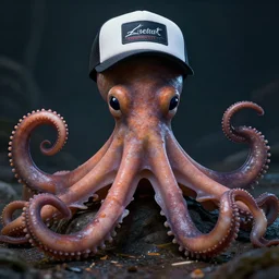 hyperrealistic dslr film still of anthropomorphic cephalopod wearing a trucker hat, stunning 8 k octane comprehensive 3 d render, inspired by istvan sandorfi & greg rutkowski & unreal engine, perfect symmetry, dim volumetric cinematic lighting, extremely hyper - detailed, extremely lifelike attributes & lifelike texture, intricate, masterpiece, artstation, stunning