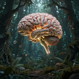 a weird magical forest with a giant glowing human brain growing at the center. Highly detailed. 8k. Fantasy horror.