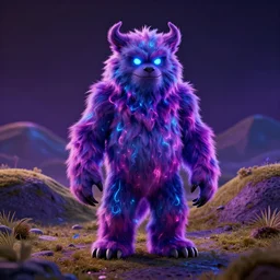 3 d model of a evil fur monster with glowing eyes by alexander jansson : 1 | centered, spectral color, electric color, rolling hills : 0. 9 | fantasy : 0. 9 | by jim henson and dave melvin : 0. 4 | unreal engine, deviantart, artstation, octane, finalrender, concept art, hd, 8 k resolution : 0. 8