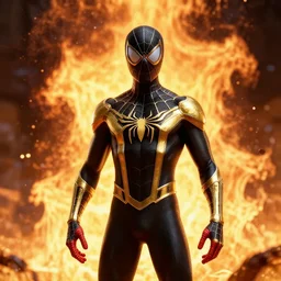 photograph of a black and gold suit spider - man stood infront of a blazing inferno, dslr, cinematic, volumetric lighting, 8 k resolution, photorealistic, octane render, 3 d render