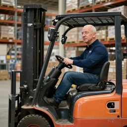 jeff bezos driving a forklift inside a warehouse, ultra high detail, photorealistic