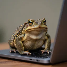 toad, in front of a laptop, james gilleard, very detailed, matte, gaussian blur, tone mapped
