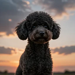 a dark cloud shaped like a black miniature toy poodle's head, sunset realistic photo