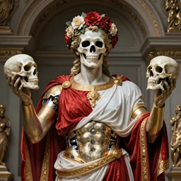 a man in the form of a Greek sculpture with a mask in the form of a skull and wreath of flowers skulls in hands dressed in a biomechanical dress, red white and gold color scheme, baroque, by Michelangelo, high detail