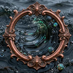 art nouveau cresting oil slick waves, hyperdetailed bubbles in a shiny iridescent oil slick wave, black opals, ornate copper patina medieval ornament, rococo, organic rippling spirals, hyperdetailed photorealistic ultrasharp octane render