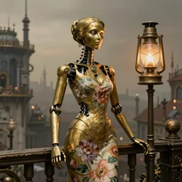 brass semi - mechanical woman, portrait, floral art novuea dress, art by ardian syaf and moebius, lit by gas lamp, in steampunk cityscape